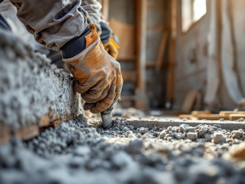 Technician performing precise foundation repair with tools and equipment on site