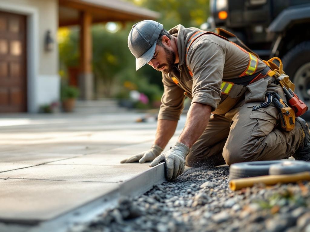 Professional technician installing a concrete driveway with tools and equipment in action