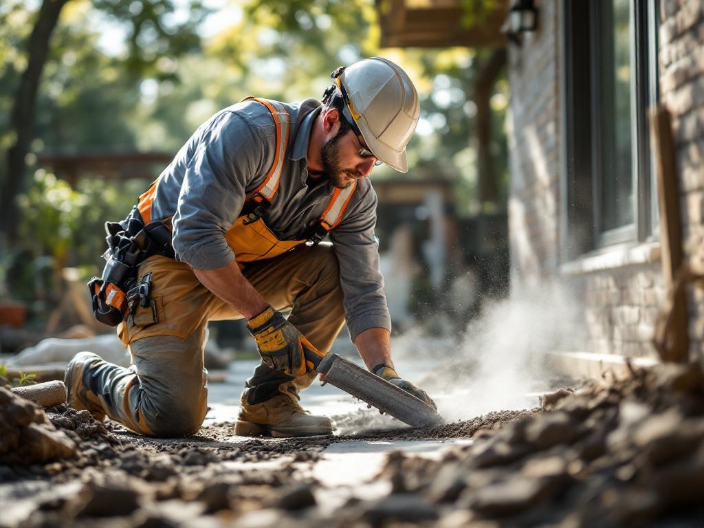 Professional masonry technician constructing a concrete patio with tools in natural lighting