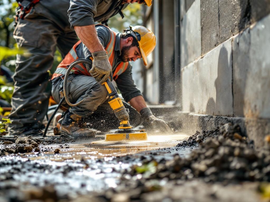 Professional technician creating patterned stamped concrete with realistic tools and equipment