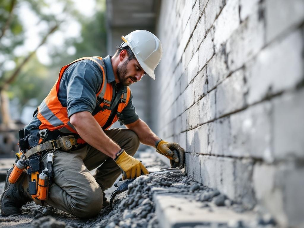 Professional technician constructing a durable retaining wall with precision tools and expertise