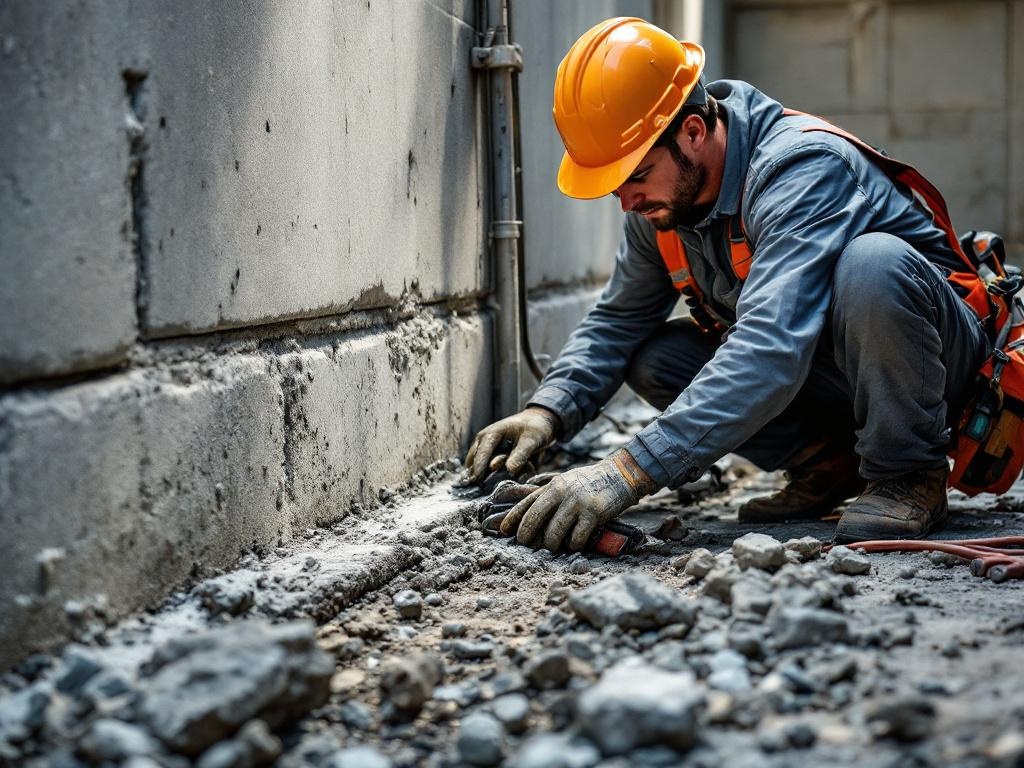 Professional technician repairing a home foundation with tools and equipment in natural light