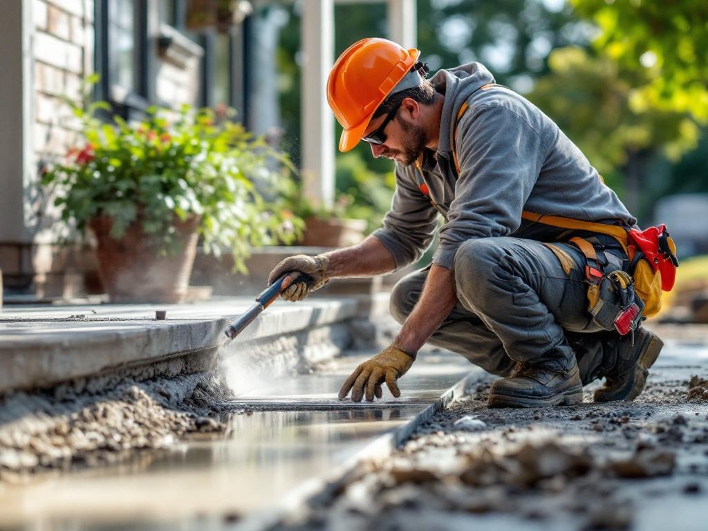 Professional technician installing a concrete driveway with tools and equipment in natural light