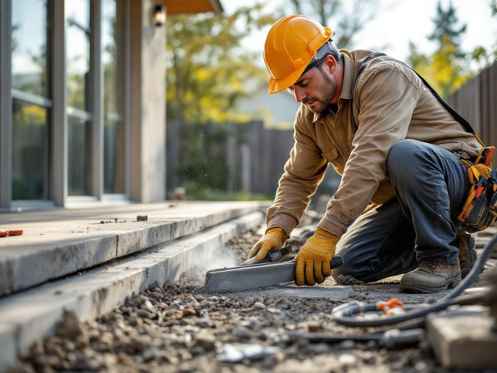 Professional technician constructing a concrete patio with tools and equipment under natural lighting