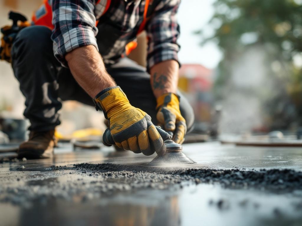 Concrete technician creating a stamped concrete surface with realistic tools and precise techniques