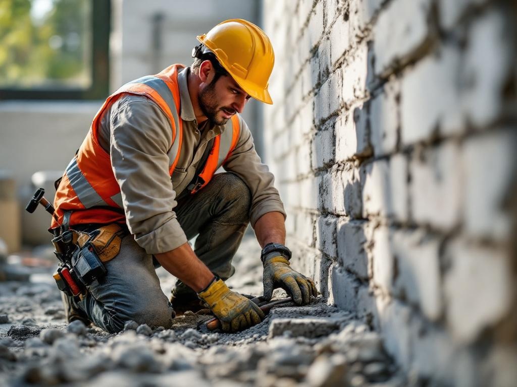 Professional technician building a durable retaining wall with realistic tools and equipment