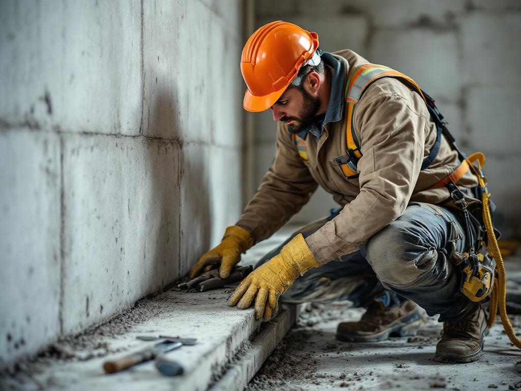 Professional technician repairing a home foundation with tools and equipment in action
