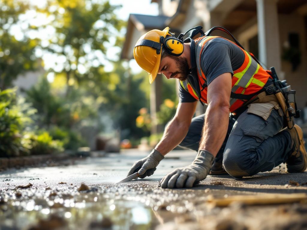 Professional technician installing a concrete driveway with tools and equipment