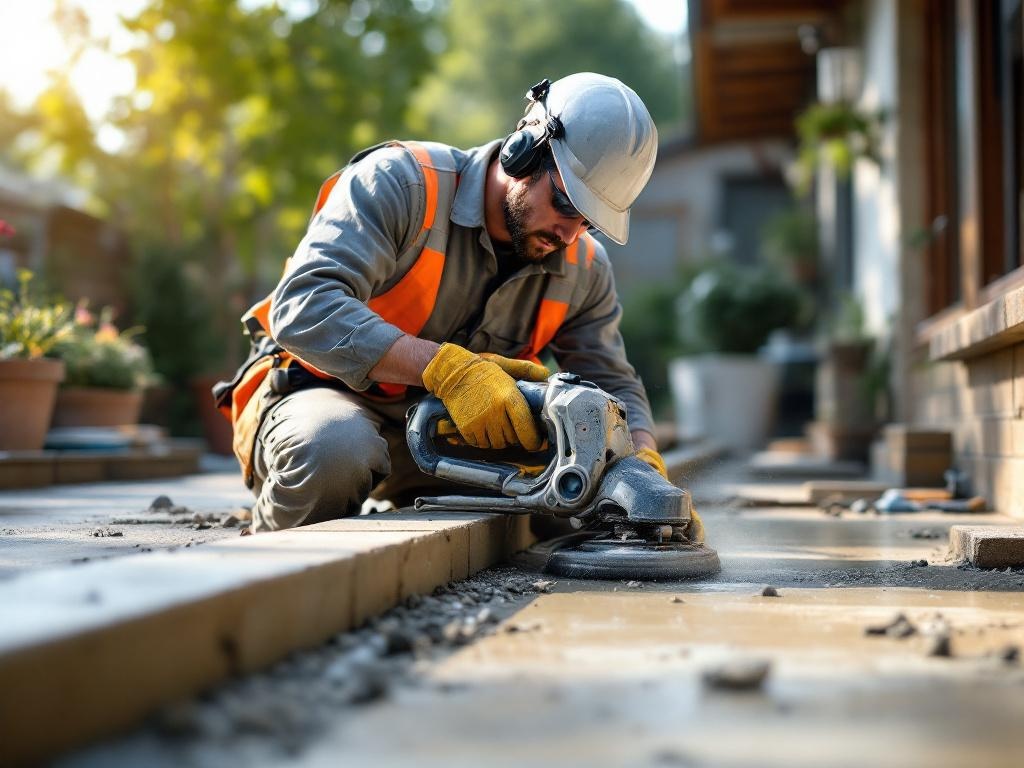 Professional technician building a concrete patio with tools under natural daylight