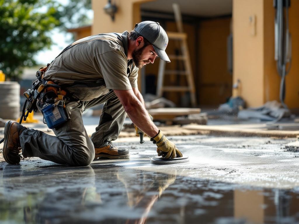 Professional technician installing stamped concrete with realistic tools and natural lighting