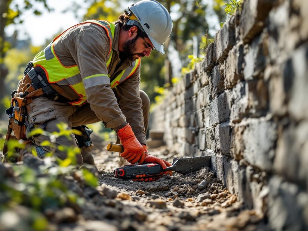 Expert technician building a durable concrete retaining wall using professional tools