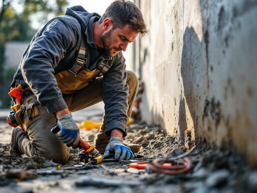 Technician expertly performing foundation repair with tools and equipment on-site