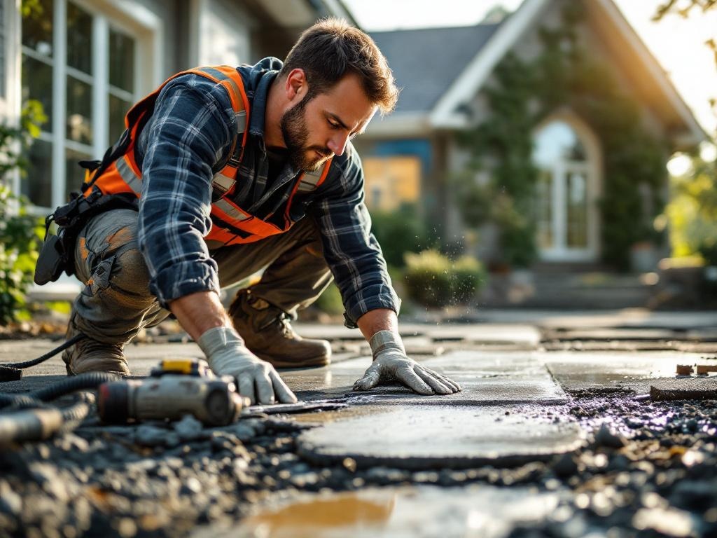 Professional technician installing a concrete driveway using tools in natural lighting