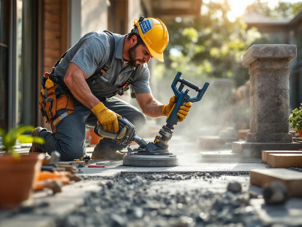 Professional concrete technician building a custom patio with high-quality tools and materials