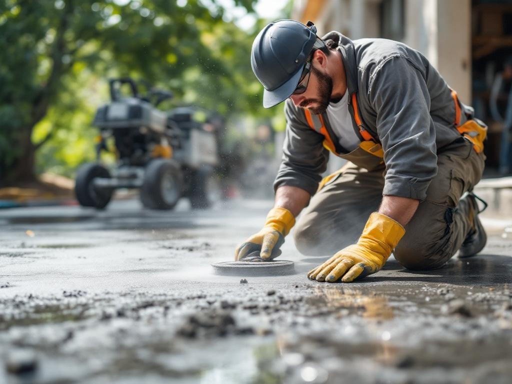 Professional technician stamping concrete with tools under natural lighting