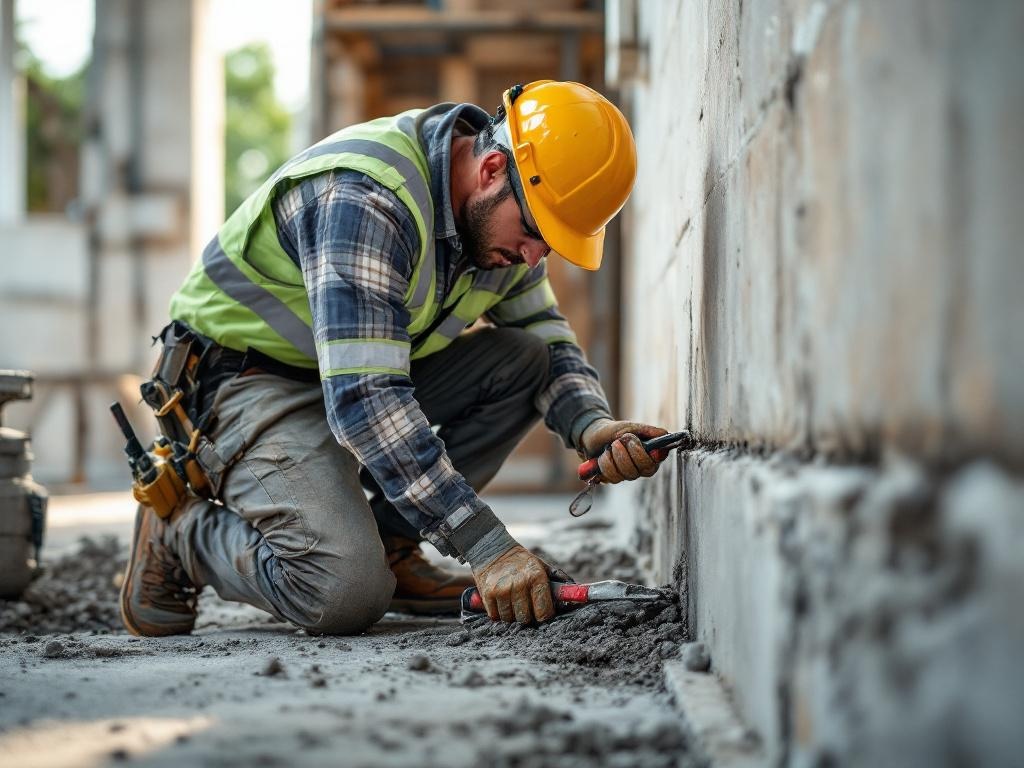 Professional technician repairing a foundation with realistic tools and equipment outdoors