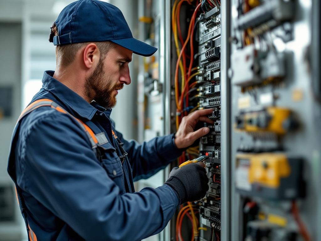 Electrician upgrading a residential electrical panel with tools and safety gear
