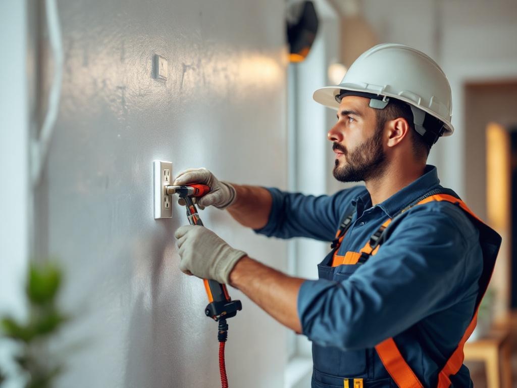 Professional electrician installing a new outlet using tools and wearing safety gear