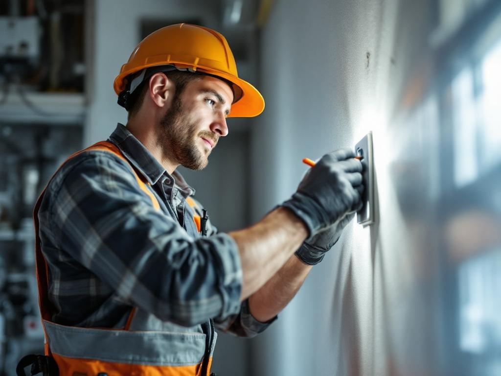 Professional electrician installing modern lighting fixture with proper tools and equipment