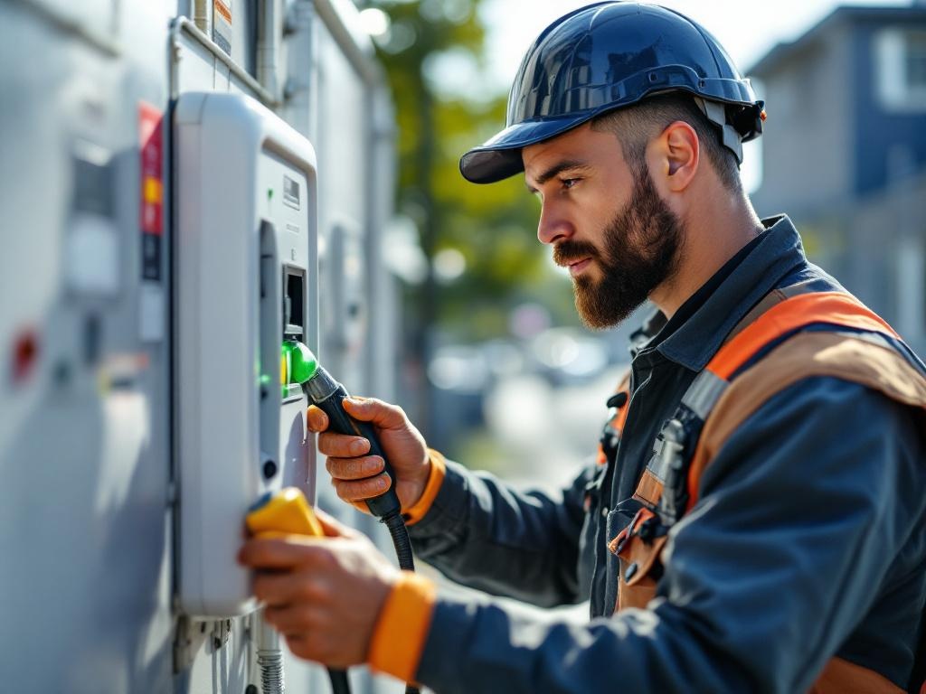 Professional technician installing EV charger with tools and equipment in natural light