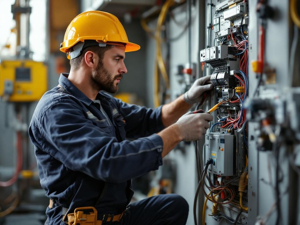 Professional electrician repairing wiring with tools in a residential setting