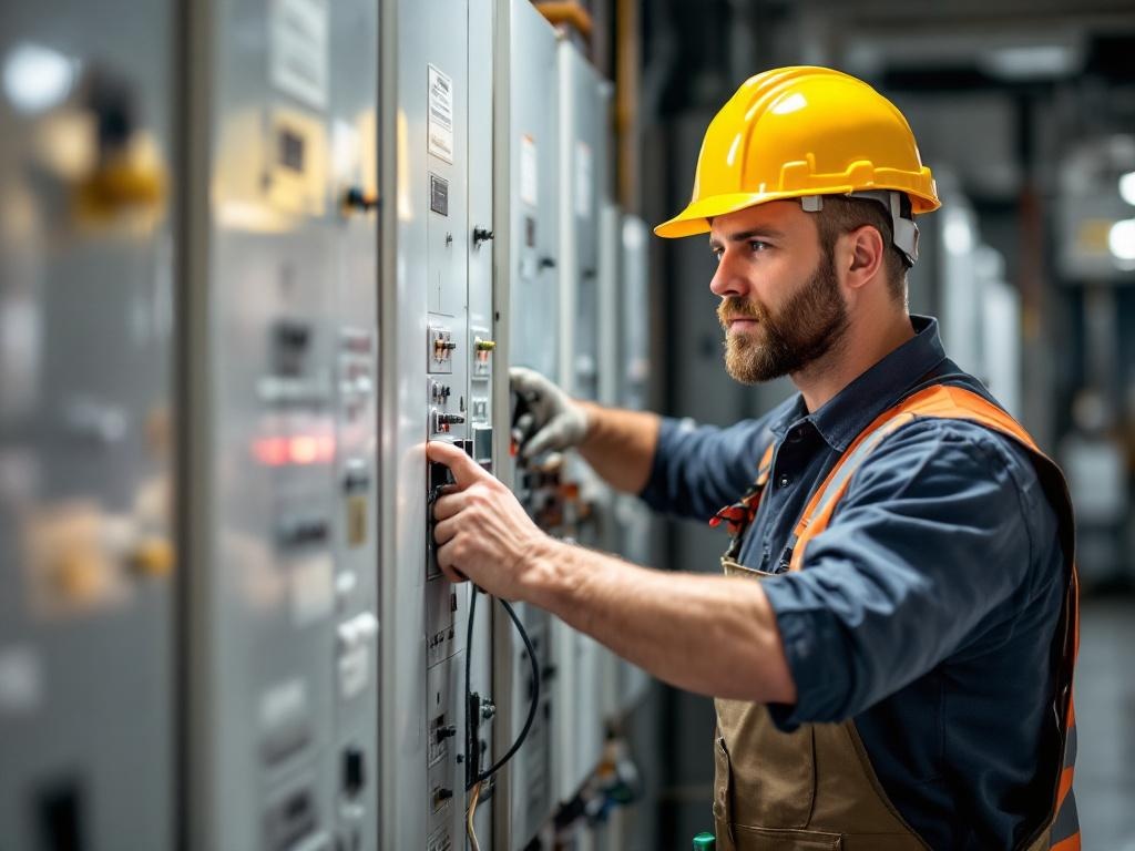 Technician performing electrical panel upgrade with tools and equipment in natural lighting