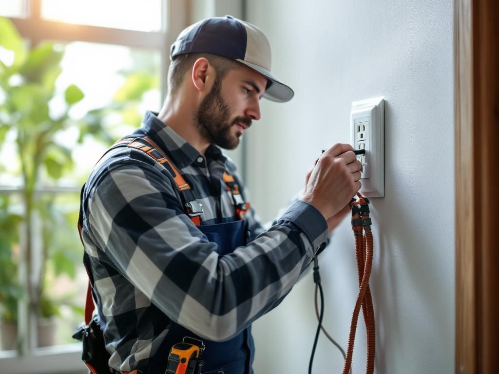 Electrician installing a wall outlet using professional tools in a home setting