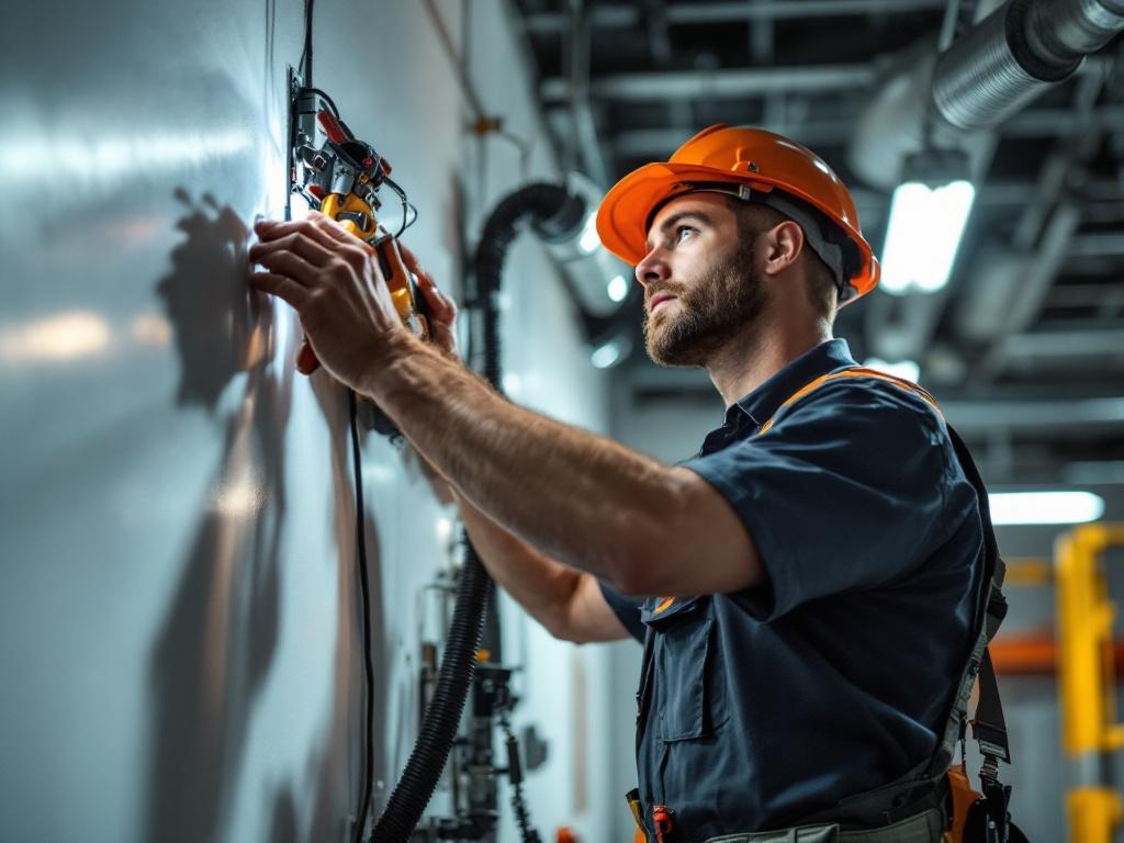 Electrician installing modern lighting fixture with professional tools and safety equipment