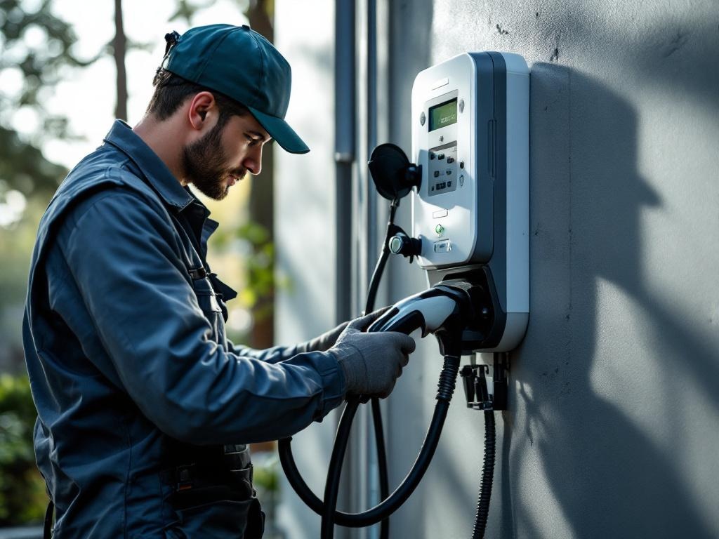 Licensed electrician installing an EV charger with tools and equipment in a garage