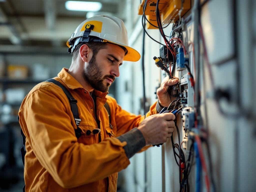 Professional electrician performing wiring repairs with tools and safety gear under natural light