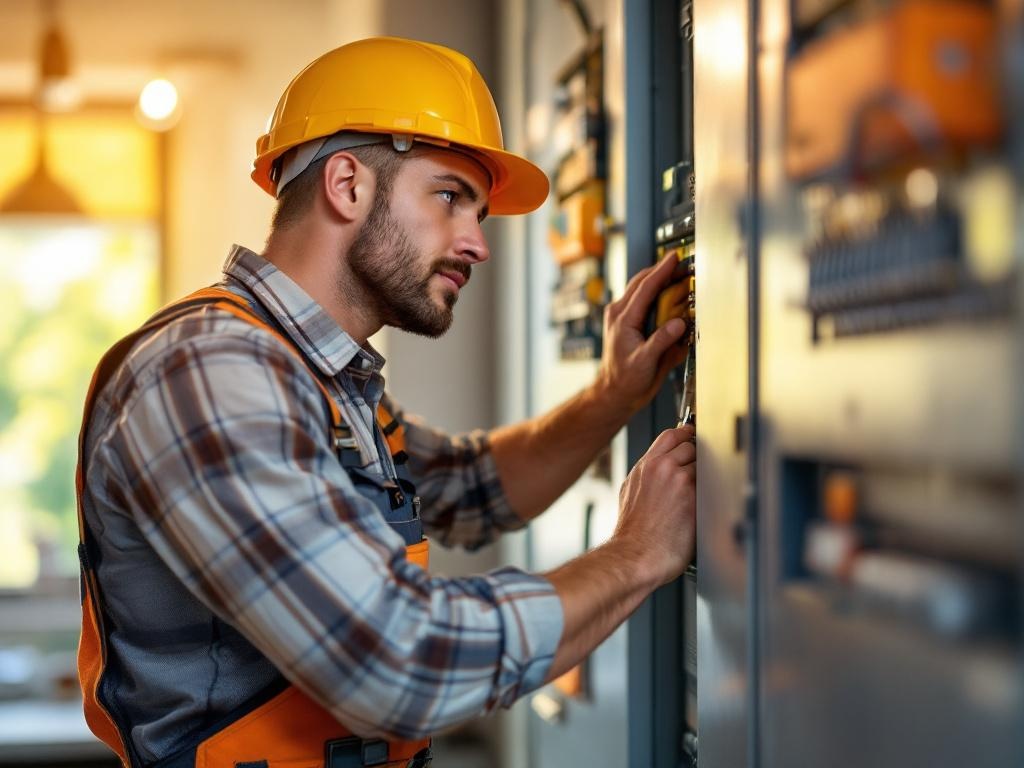 Professional electrician upgrading an electrical panel with tools and natural lighting