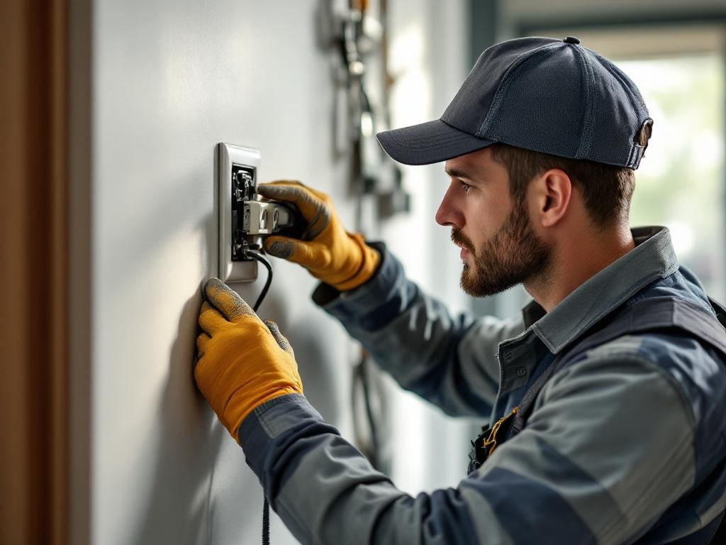 Electrician installing a new electrical outlet using professional tools and equipment