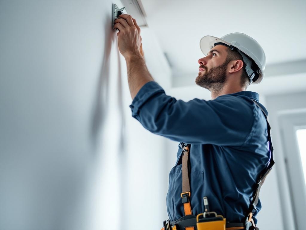 Electrician in professional attire installing modern lighting fixtures indoors