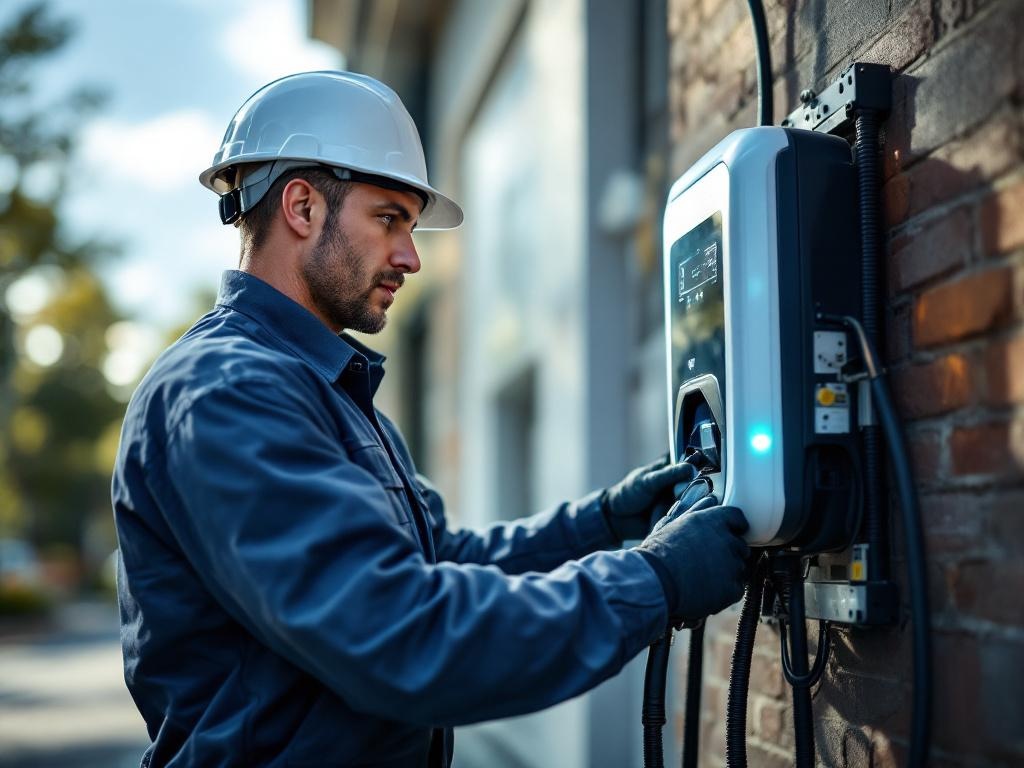 Professional technician installing an EV charger with tools and equipment in a garage