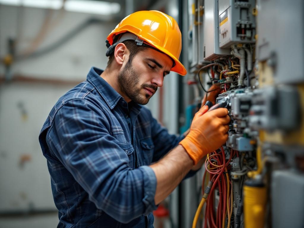 Professional electrician repairing wiring with tools in a residential setting