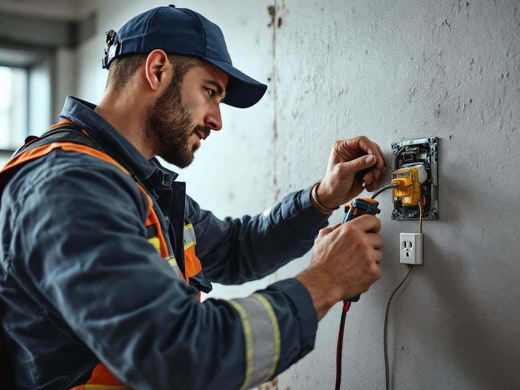 Electrician installing a power outlet using professional tools and safety equipment