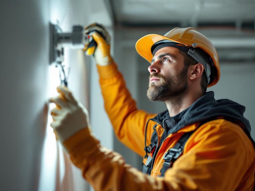 Professional electrician installing modern lighting fixtures with tools in a residential space