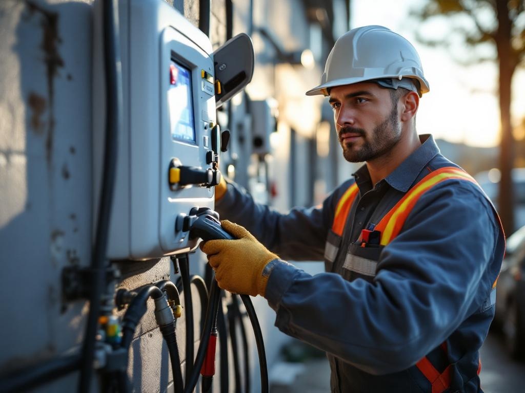 Professional technician installing an EV charger with tools and equipment in use