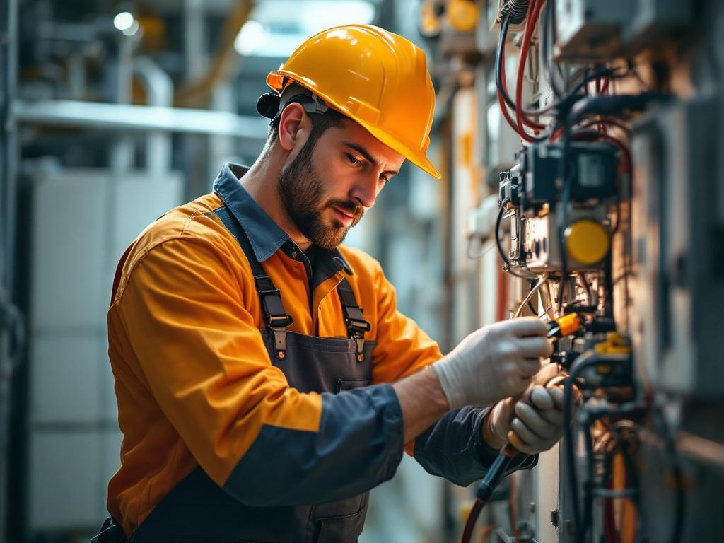 Skilled electrical technician repairing wiring with tools in a professional setting