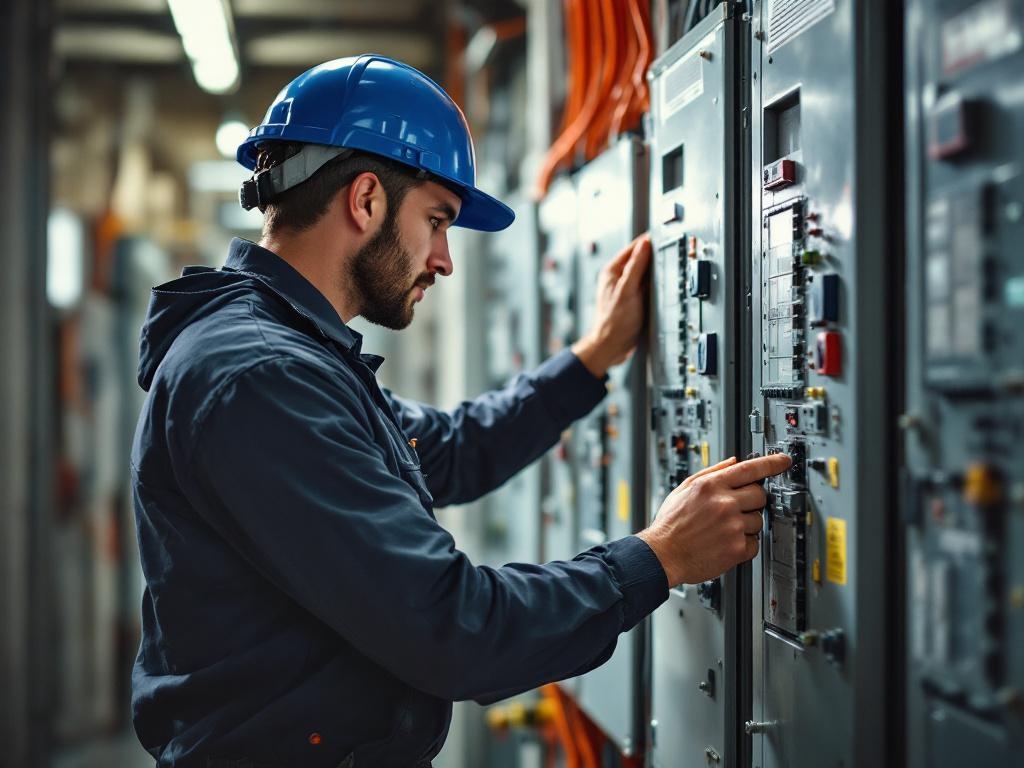 Electrical technician upgrading a panel with tools and safety equipment