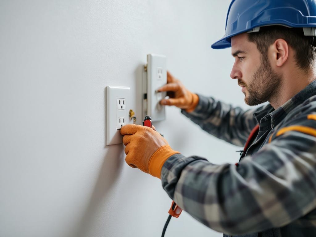 Electrician installing a power outlet with proper tools and safety gear