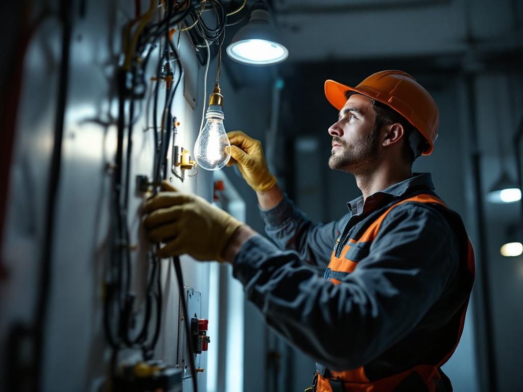 Professional electrician installing modern lighting fixtures with tools and safety gear