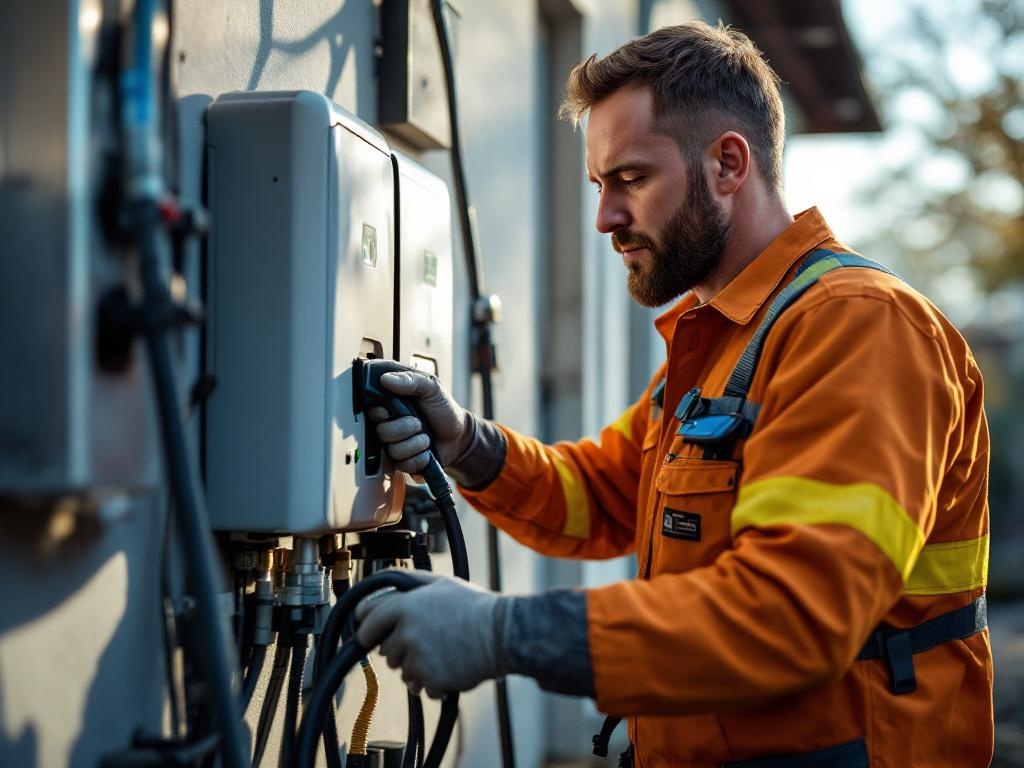 Professional technician installing EV charger with tools and equipment in natural lighting