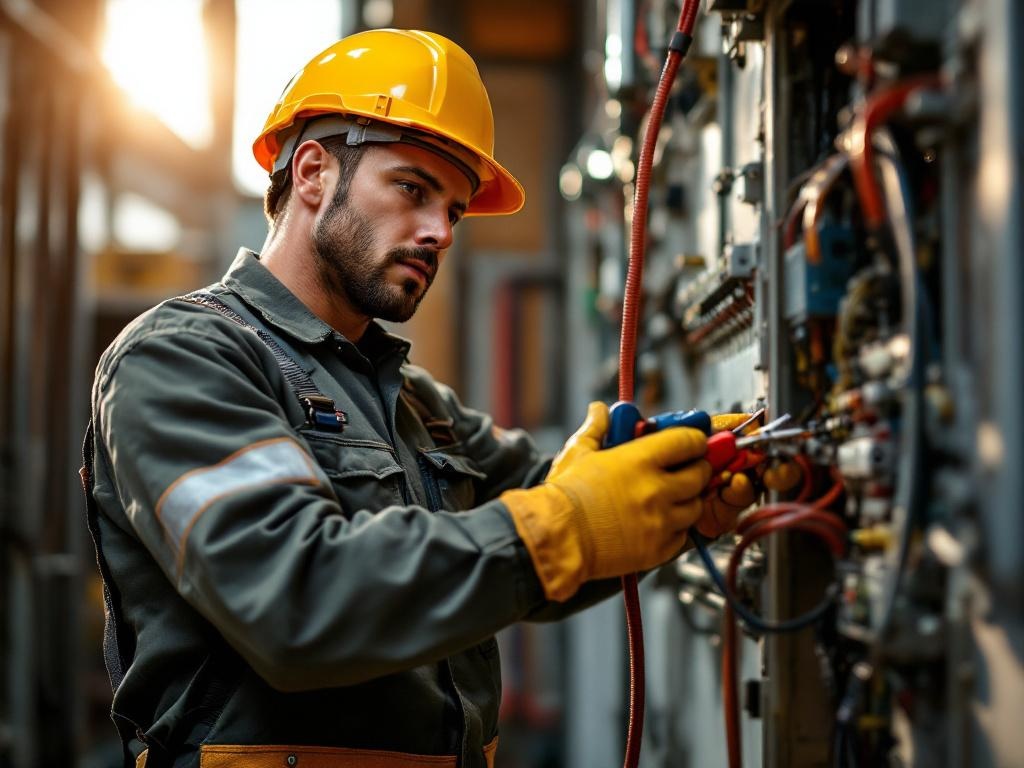 Professional electrician repairing wires using tools in a residential setting