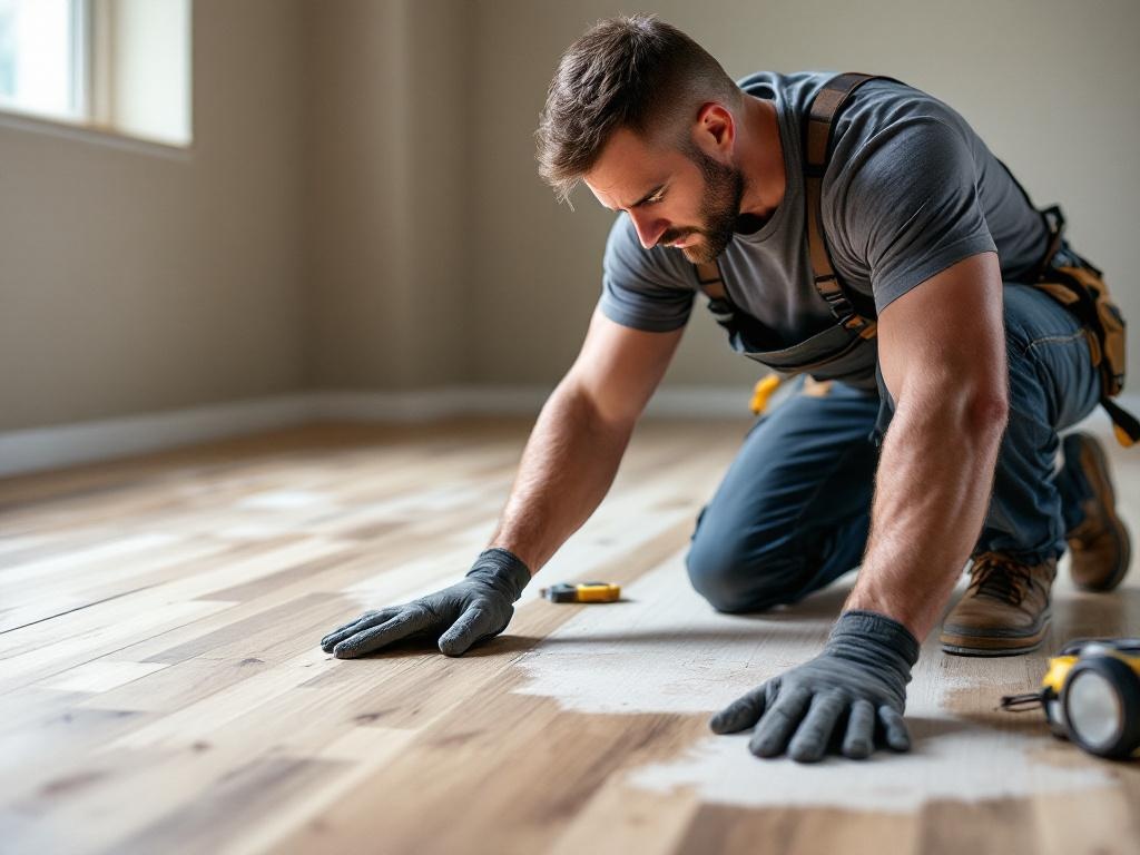 Professional flooring technician installing hardwood floors with precision tools and natural lighting