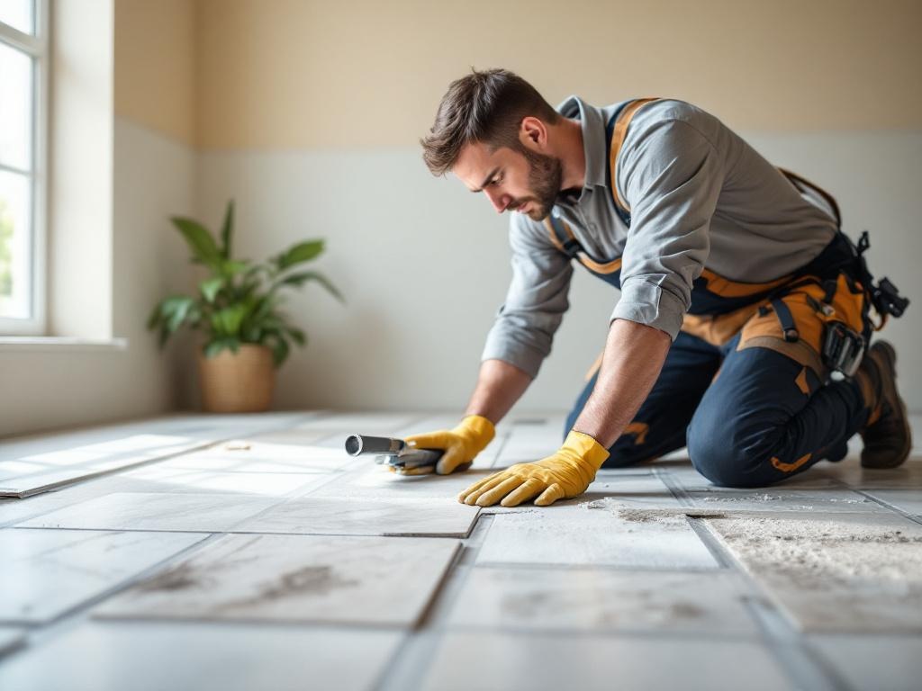 Professional technician installing tiles with tools and equipment in a well-lit space