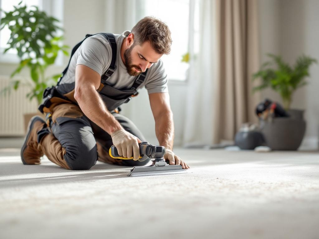 Professional technician installing carpet in a residential home with tools and equipment.