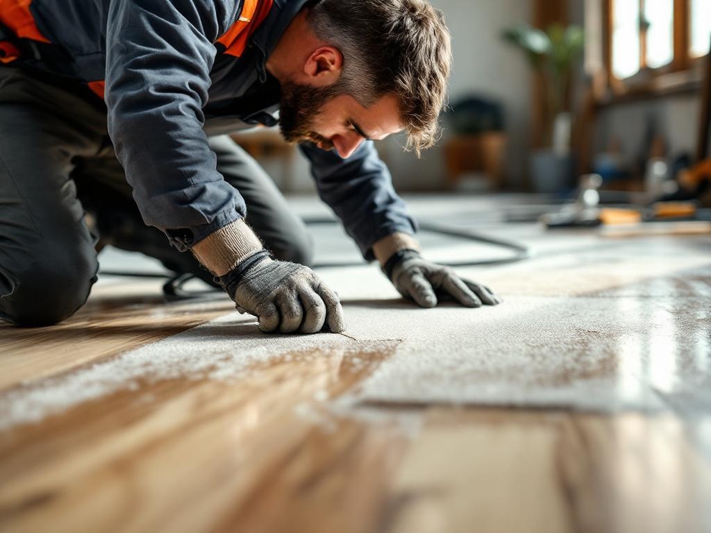 Professional technician installing laminate flooring with tools and equipment in a home