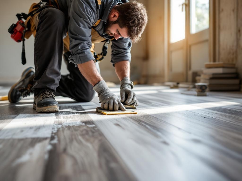 Professional flooring technician installing vinyl plank with tools and precision