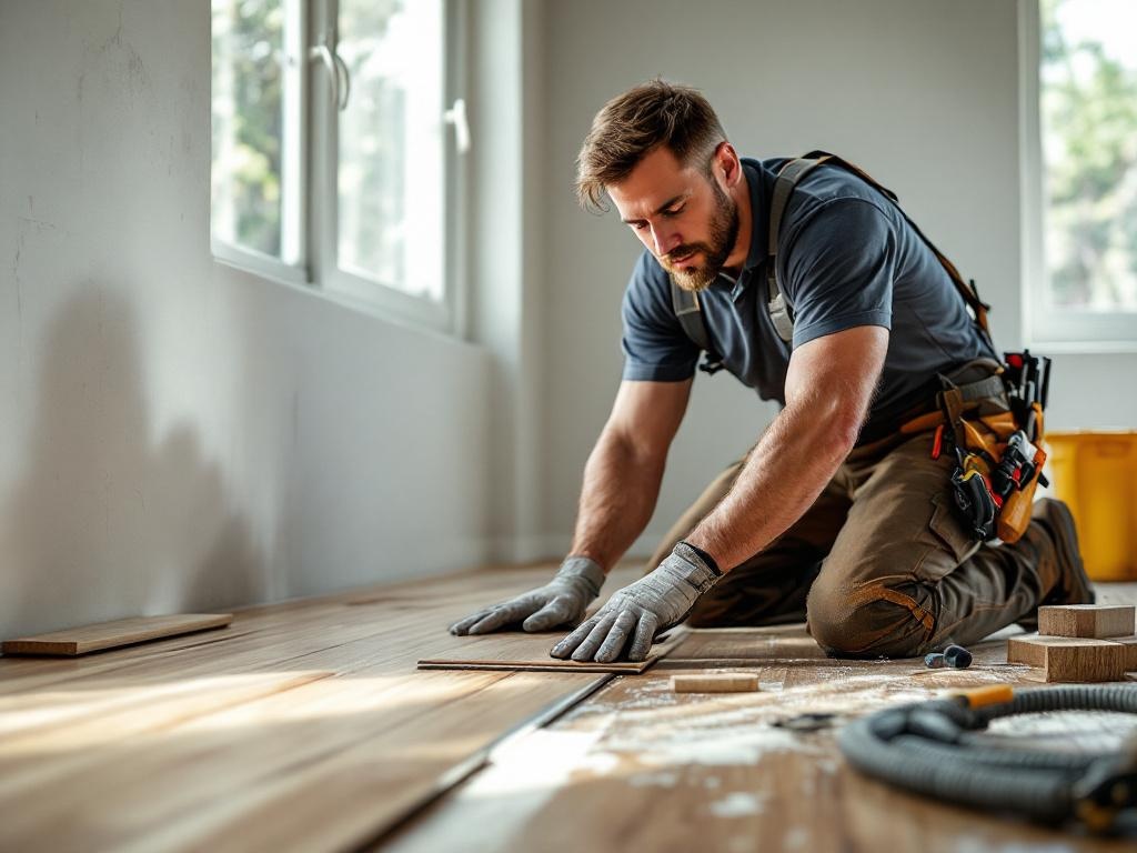 Technician installing hardwood flooring with tools in a well-lit home setting